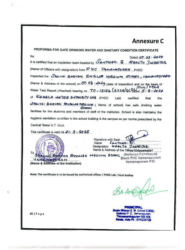 Drinking Water and Sanitary Condition Certificate – Shalini Bhavan ...